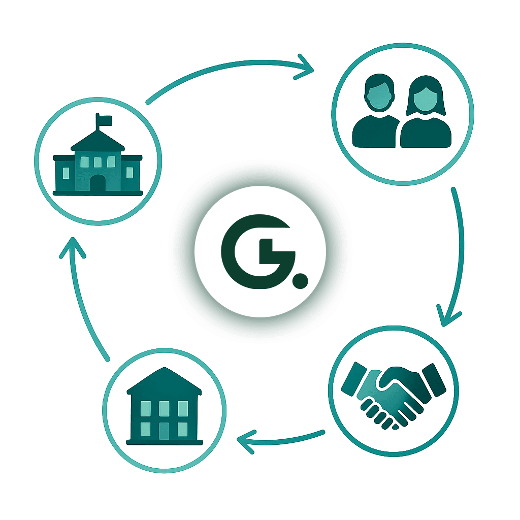 Gradus Flywheel demonstrating the circular process connecting universities, students, employers, and the platform